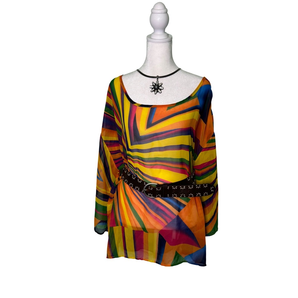 Vintage Private Gallery Oversized Top Womens Size XL Colorful Y2K Festival Sheer - Picture 2 of 8